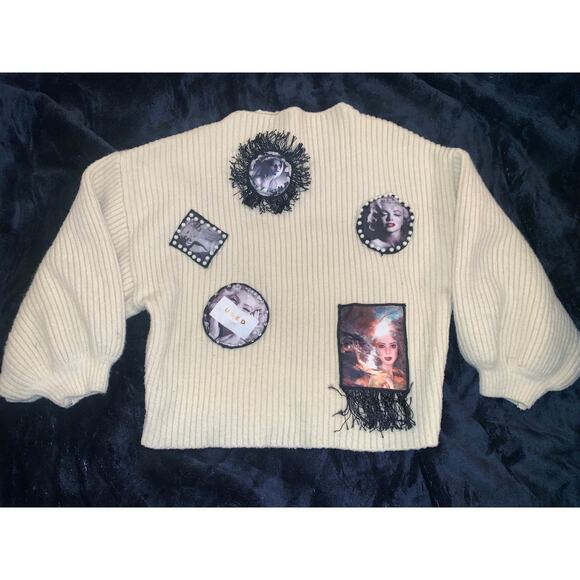 VINTAGE RIBBED PINUP SWEATER-MOVIE STAR PATCHES EMBELLISHED PEARLS, FRINGE - Picture 3 of 10
